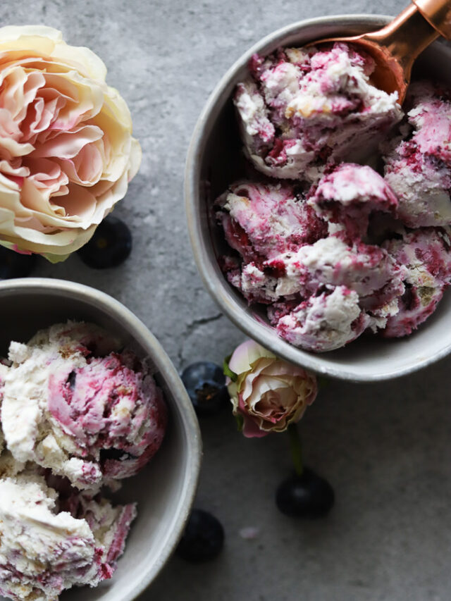 no churn blueberry swirl ice cream with flowers