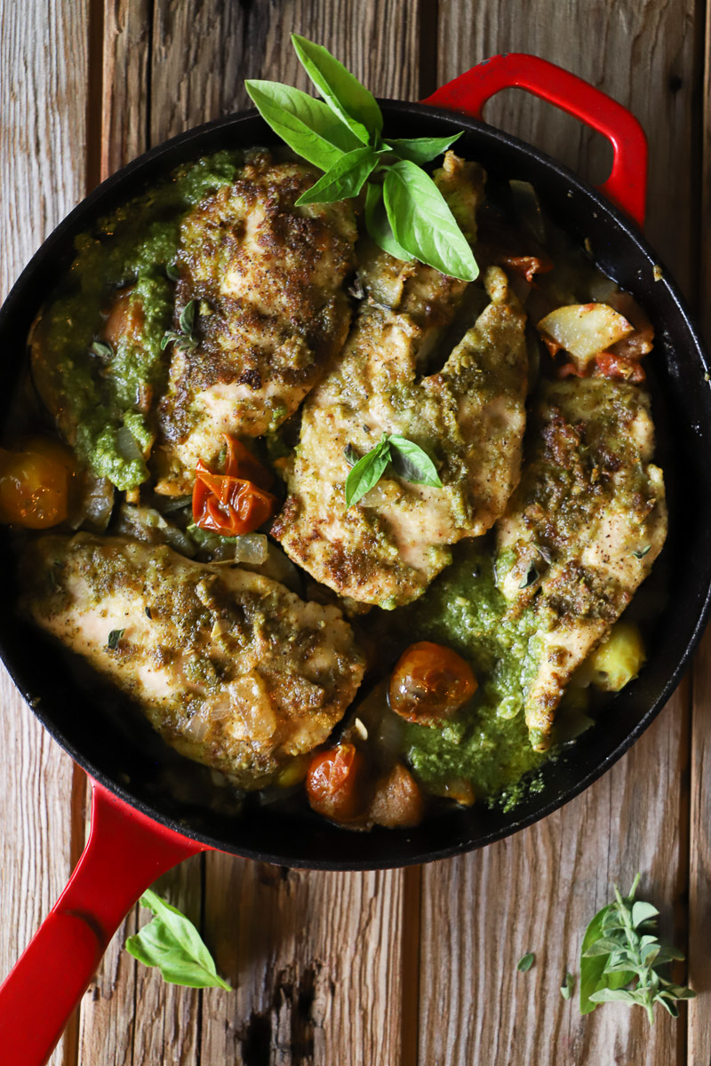 White Wine Pesto Chicken with Burst Heirloom Tomatoes & Zucchini